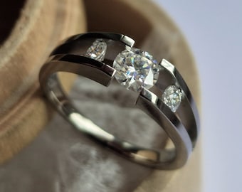 Handmade Titanium Tension Ring, Garnet & Moissanite Accent