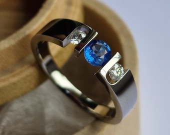 Handmade Titanium Tension Ring with Garnet and Moissanite Accents