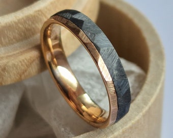 Faceted black zirconium and solid gold band. Handmade and customizable.