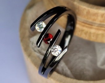Black Zirconium Tension Ring: Round Cut Moissanite, Handmade