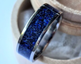 Handmade Titanium Ring: Lapis Lazuli & Black Agate "Night Sky" Wedding Band