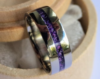 Titanium ring band with Amethyst, Purple Jade and Variscite stone channel.