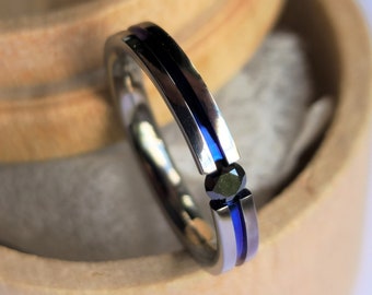Handmade Titanium Tension Ring, Round Cut Stone & Anodized Channel