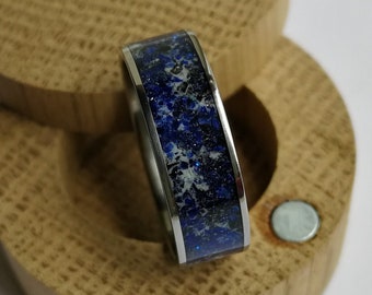 Handmade Titanium Ring, Lapis Lazuli, Black Agate Inlay, Glow in Dark