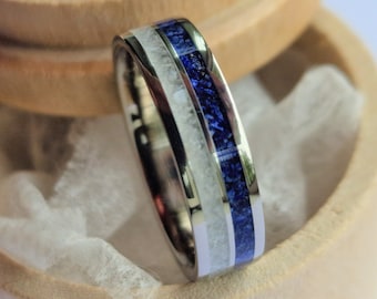 Unique handmade titanium ring with  Lapis Lazuli and moonstone channels.