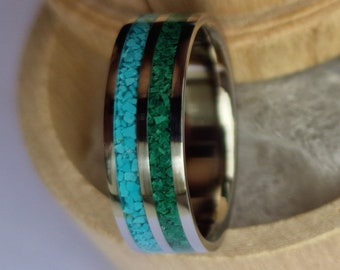 Unique handmade titanium ring with double channel inlays- Turquoise, Malachite.