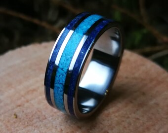 Unique handmade titanium ring "Trinity" with Turquoise and Lapis Lazuli inlay.