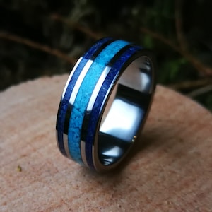 Unique handmade titanium ring "Trinity" with Turquoise and Lapis Lazuli inlay.