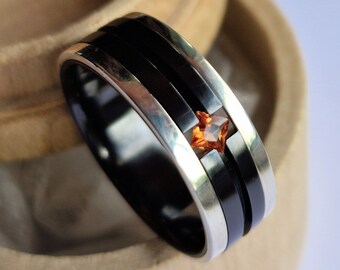 Handmade Black Zirconium Men's Wedding Band, Sterling Silver & Princess Cut Gemstone