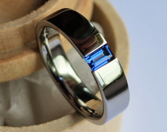 Handmade Titanium Tension Ring, Baguette Gemstone Setting, Customizable