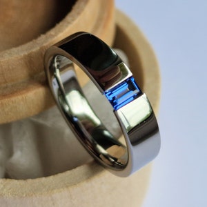 Titanium tension ring. Unique handmade polished tension ring with baguette cut gemstone setting. polished finish. Customizable.