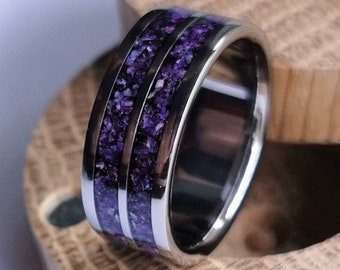Unique handmade titanium ring with double  Purple Jade and Amethyst inlays.