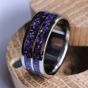 Unique handmade titanium ring with double  Purple Jade and Amethyst inlays.