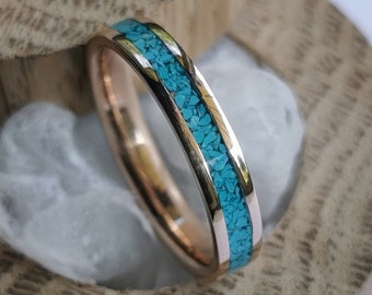 Handmade women's Solid 9 Ct Rose Gold band with Turquoise inlay.