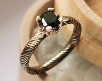 Mokume Gane Engagement Ring, 14K Gold & Sterling Silver, Unique Design