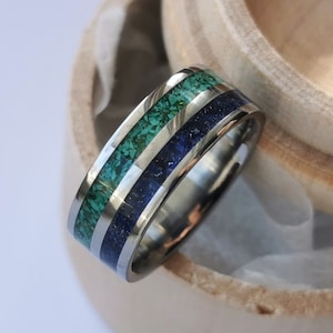 Unique handmade titanium ring "Dyad". Lapis Lazuli, Malachite.