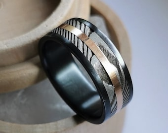 Handmade Black Zirconium Damascus Steel Ring with Gold Inlay