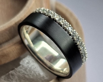 Black Zirconium Ring with Gold/Silver & Moissanite, Handmade