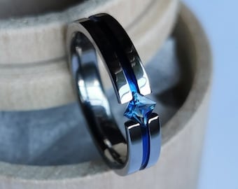 Titanium Tension Ring, Princess Cut Stone, Anodized Channel, Handmade