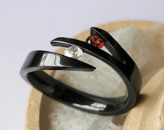 Handmade Black Zirconium Tension Ring, Round Moissanite Stone
