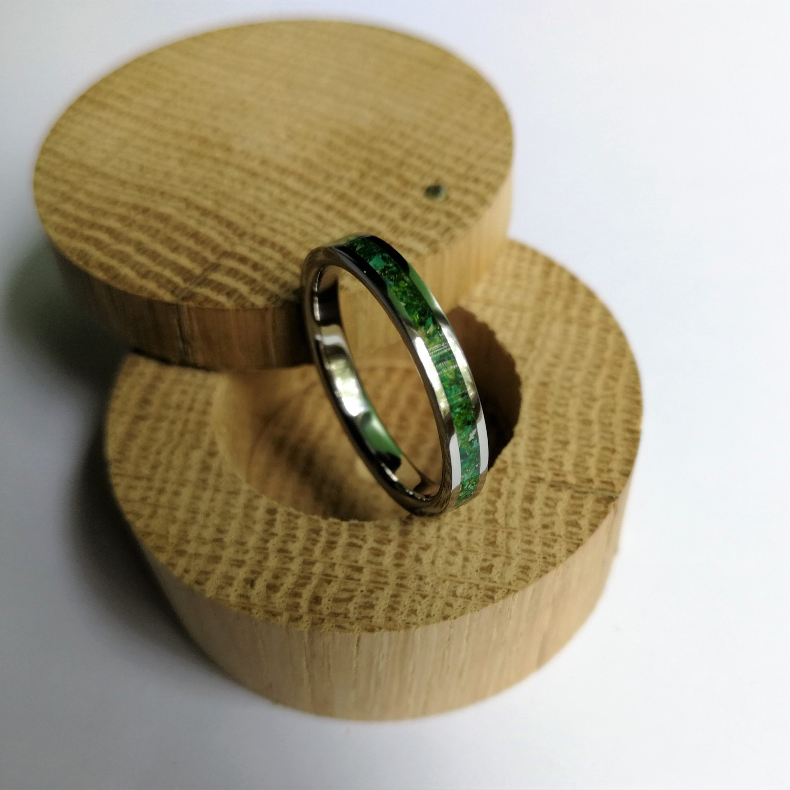 Titanium ring band with Malachite, green Variscite and Aventurine inlay.