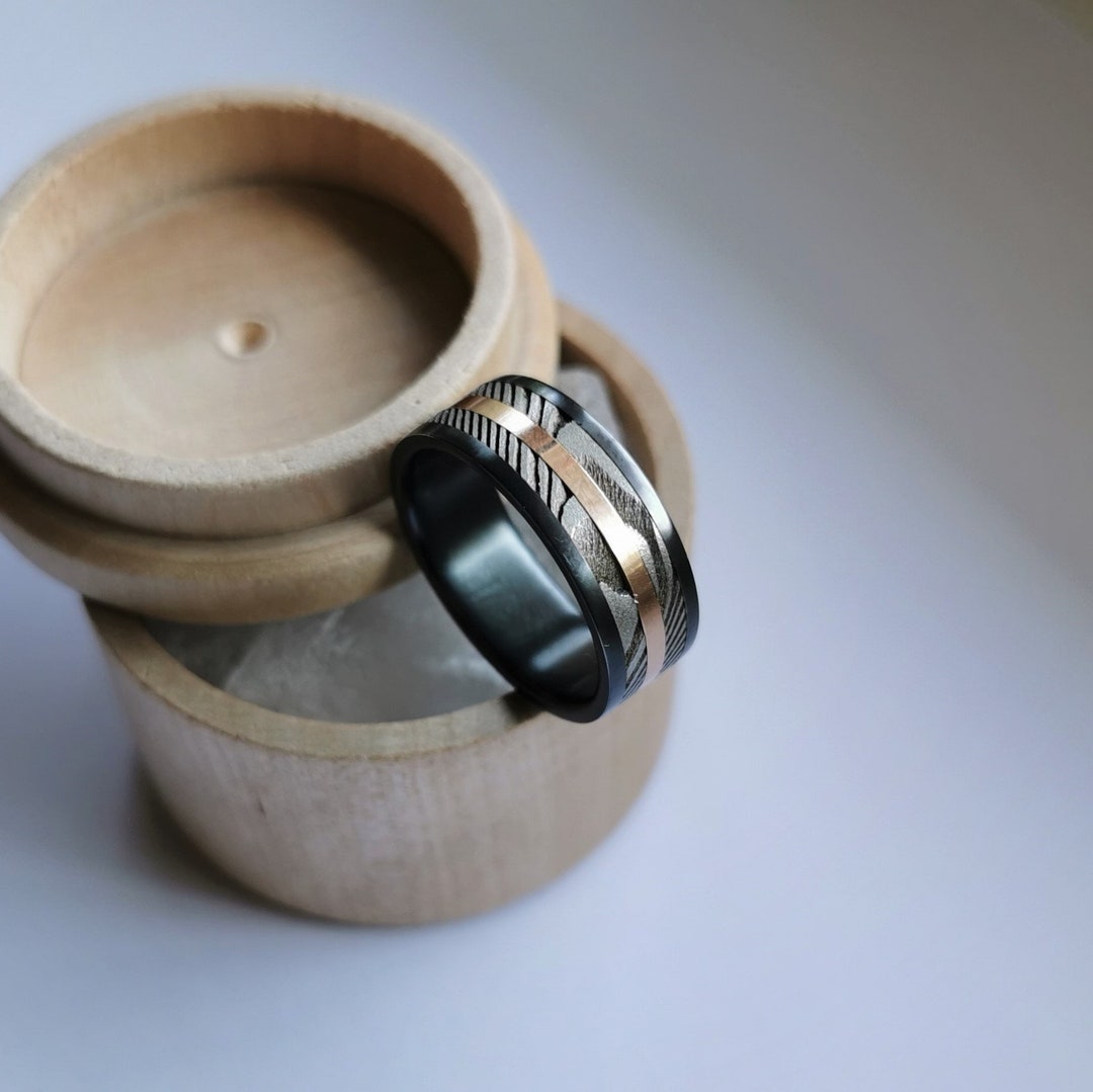 Black Zirconium and Deep Etch Stainless Damascus Steel Ring With Solid