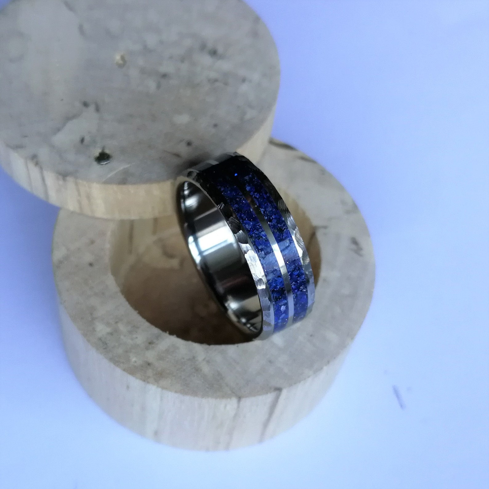 Lata Inlaid Rings Unique Handmade Titanium Ring With Lapis Lazuli Inlay and Faceted Face ...