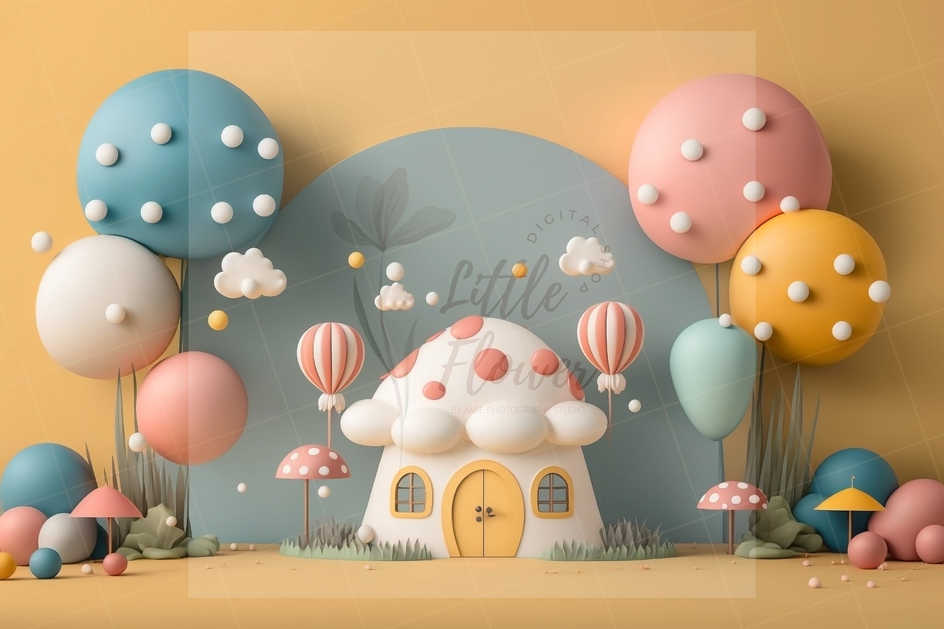 Ensemble de toiles de fond numériques IA de famille champignon, portrait de bébé, superposition de photographies, toile de fond