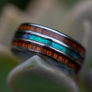 Koa Wood and Abalone Shell Inlay Wedding and Engagement Ring