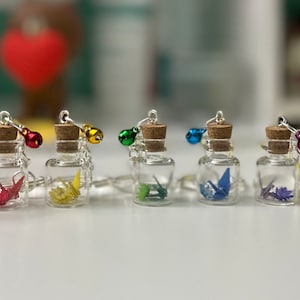 Mini Origami Paper Crane Wishing Bottle with Tiny Bell and Flower Multicolor Keychain Gift