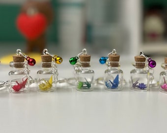 Mini Origami Paper Crane Wishing Bottle with Tiny Bell and Flower Multicolor Keychain Gift