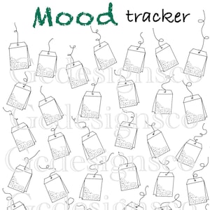 May include: A printable mood tracker with a teacup and tea bags. The tea bags are labeled with different emotions, including happy, neutral, and sad.
