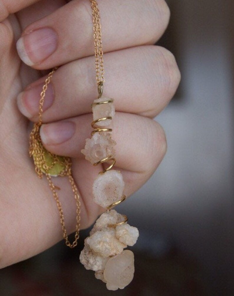 chalcedony rose precious gemstone quartz crystals teardrop pendant on gold filled necklace natural gemstone gold necklace