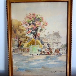 Originele aquarel PARIJS Franse Vintage ondertekend