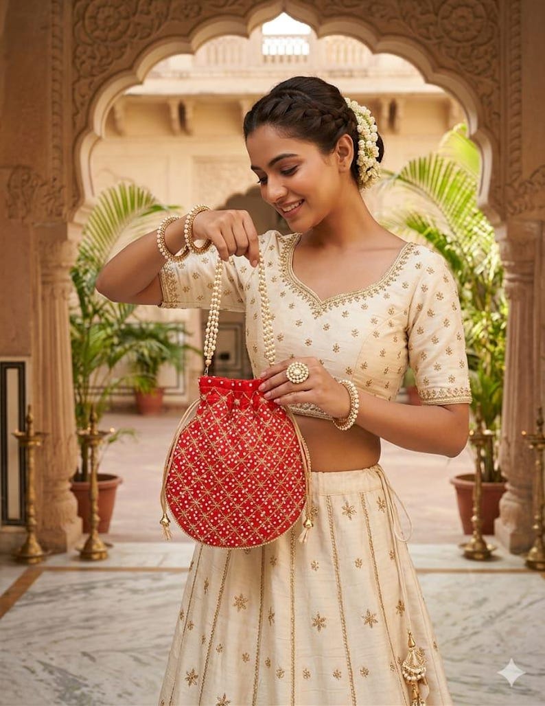 May include: A vibrant red drawstring pouch bag featuring an intricate gold-toned grid pattern with small white bead accents. The bag has a pearl-beaded handle and gold-toned drawstring cords with decorative tassels at the ends, held by a person.