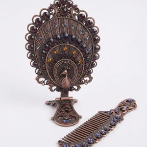 Handcrafted Peacock Mirror & Comb Set – Decorative Vanity Mirror, Traditional Dressing Table Accessory, Artisan Gift