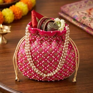 Traditional Silk Embroidered Potli Bag with Pearl Handle image 6