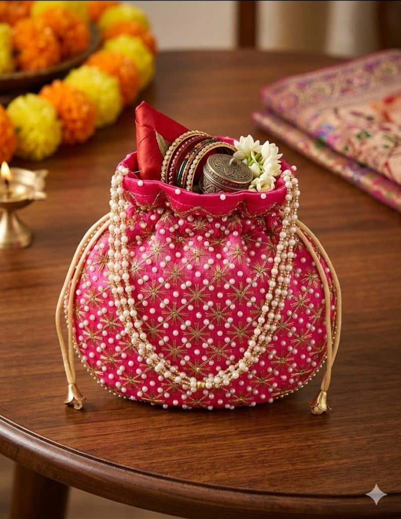 Traditional Silk Embroidered Potli Bag with Pearl Handle image 6