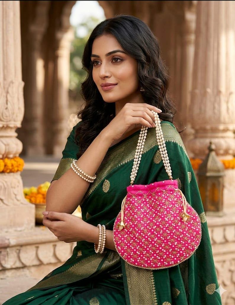 May include: A bright pink drawstring pouch bag featuring an intricate gold and white star-patterned embroidery. The bag is equipped with a handle made of multiple strands of small white pearls and includes gold-toned metal accents at the drawstring ends.