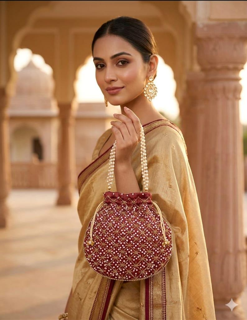 May include: A deep maroon drawstring pouch bag featuring a geometric pattern of white beads and gold thread embroidery. The bag has a handle made of two strands of white pearls and a drawstring closure with gold-toned cord ends and matching beads.