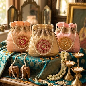 Peut inclure: Trois pochettes à cordon en satin pêche, doré et rose, chacune dotée d'un médaillon central circulaire brodé avec du fil d'or et des perles, d'un haut froncé et d'une anse en perles blanches. Les sacs sont disposés sur un tissu bleu sarcelle.