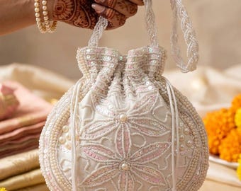 White Pearl & Beaded Potli Bag with Floral Design