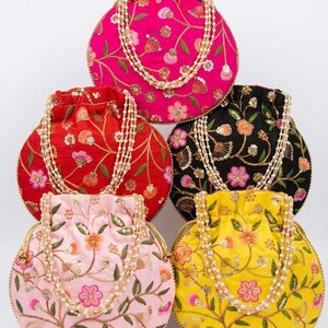 Floral Embroidered Pearl Handle Potli Bag | Wedding & Party Purse
