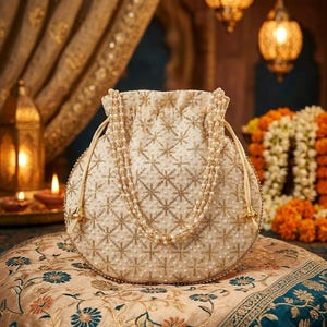 May include: A cream-colored drawstring pouch bag featuring intricate gold metallic embroidery in a starburst pattern, accented with small white pearls throughout the fabric and a long, dangling double-strand pearl handle attached to the sides.