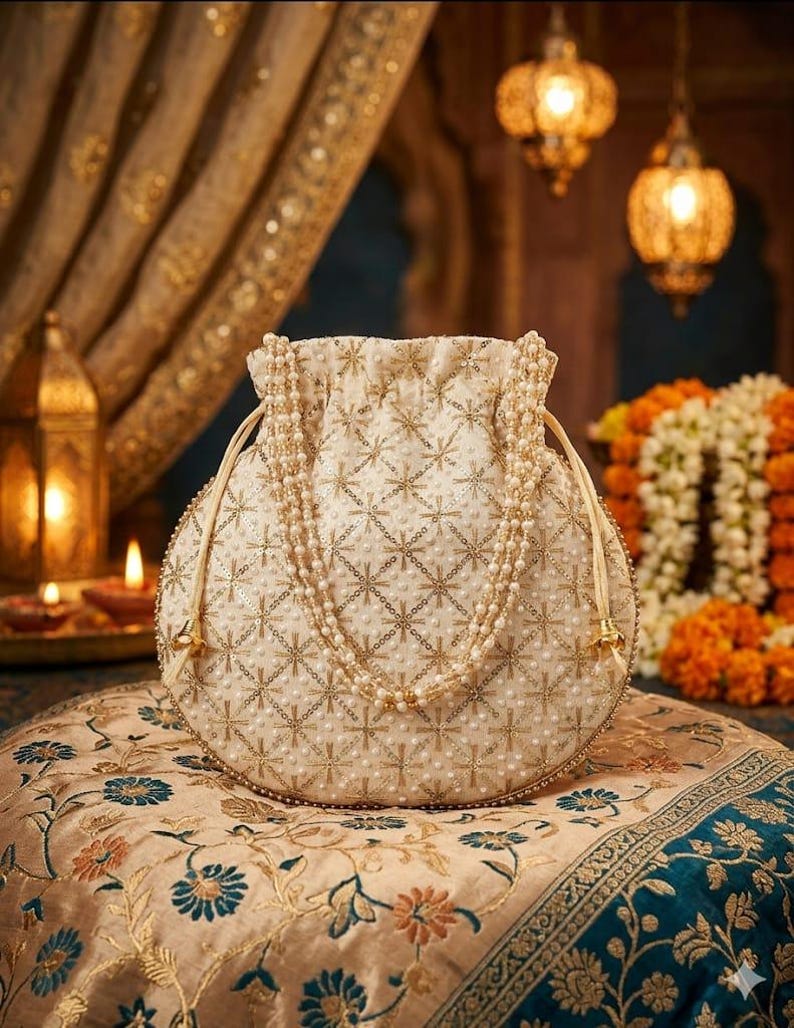 May include: A cream-colored drawstring pouch bag featuring intricate gold metallic embroidery in a starburst pattern, accented with small white pearls throughout the fabric and a long, dangling double-strand pearl handle attached to the sides.