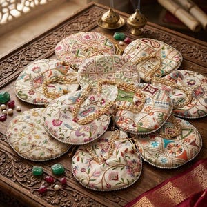 Op de afbeelding: Een collectie ronde, gebroken witte buidels met trekkoord, voorzien van ingewikkeld, veelkleurig bloemen- en geometrisch borduurwerk. Elke buidel is afgewerkt met een delicate parelrand langs de rand en een goudkleurig kettinghengsel.