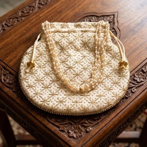Traditional Silk Embroidered Potli Bag with Pearl Handle image 10