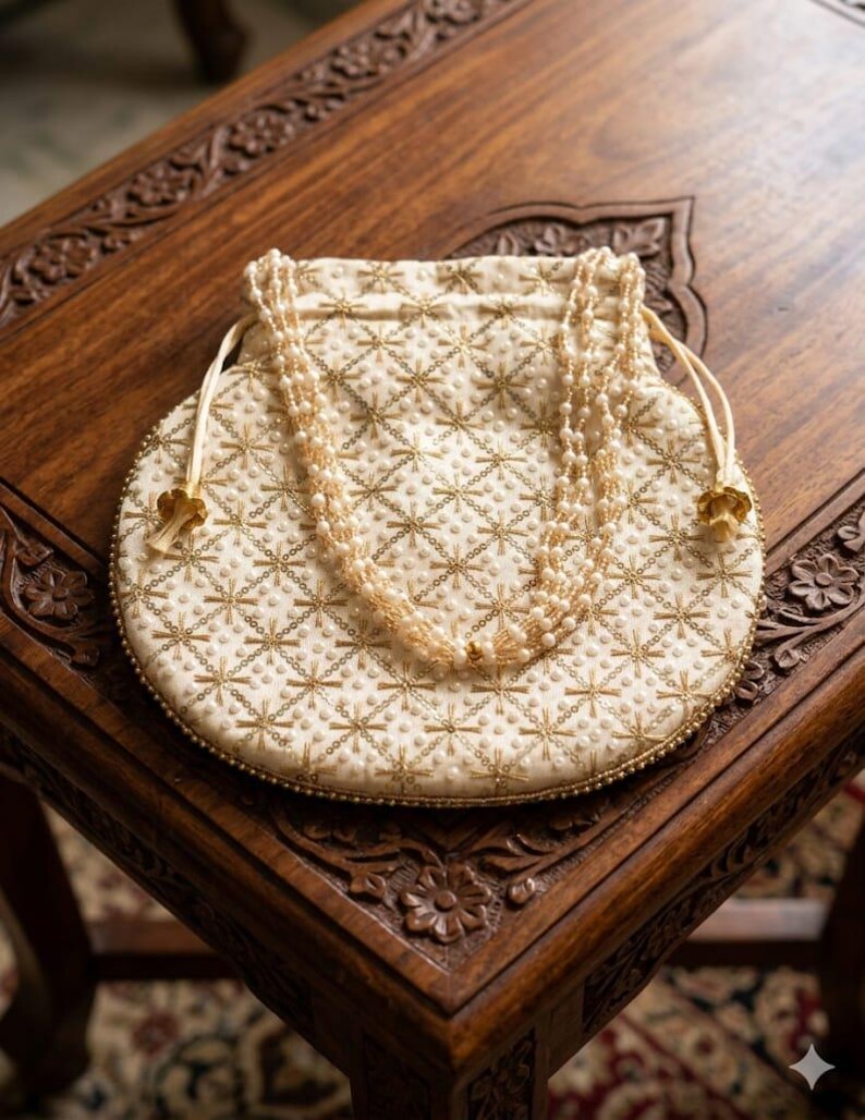 Traditional Silk Embroidered Potli Bag with Pearl Handle image 10