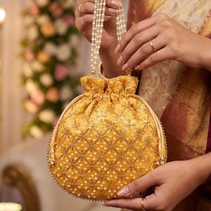 Traditional Silk Embroidered Potli Bag with Pearl Handle image 2
