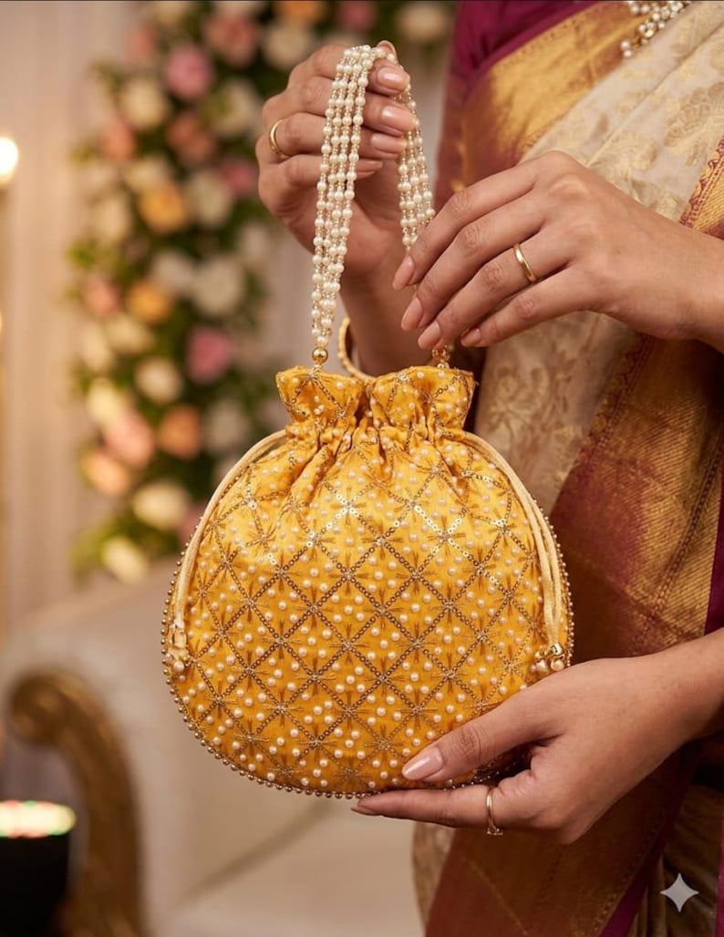 Traditional Silk Embroidered Potli Bag with Pearl Handle image 2